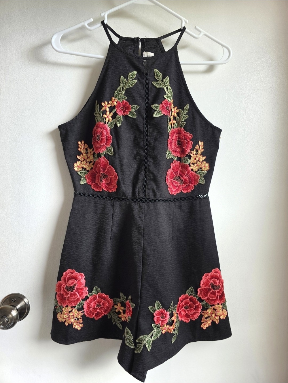 L'Atiste by Amy Black Halter Romper. Embroidered Floral Appliqué